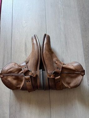 Frye Cognac Brown Harness Distressed Leather Boots